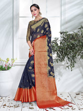 Luxurious Navy Blue Organza Silk Woven Design Saree